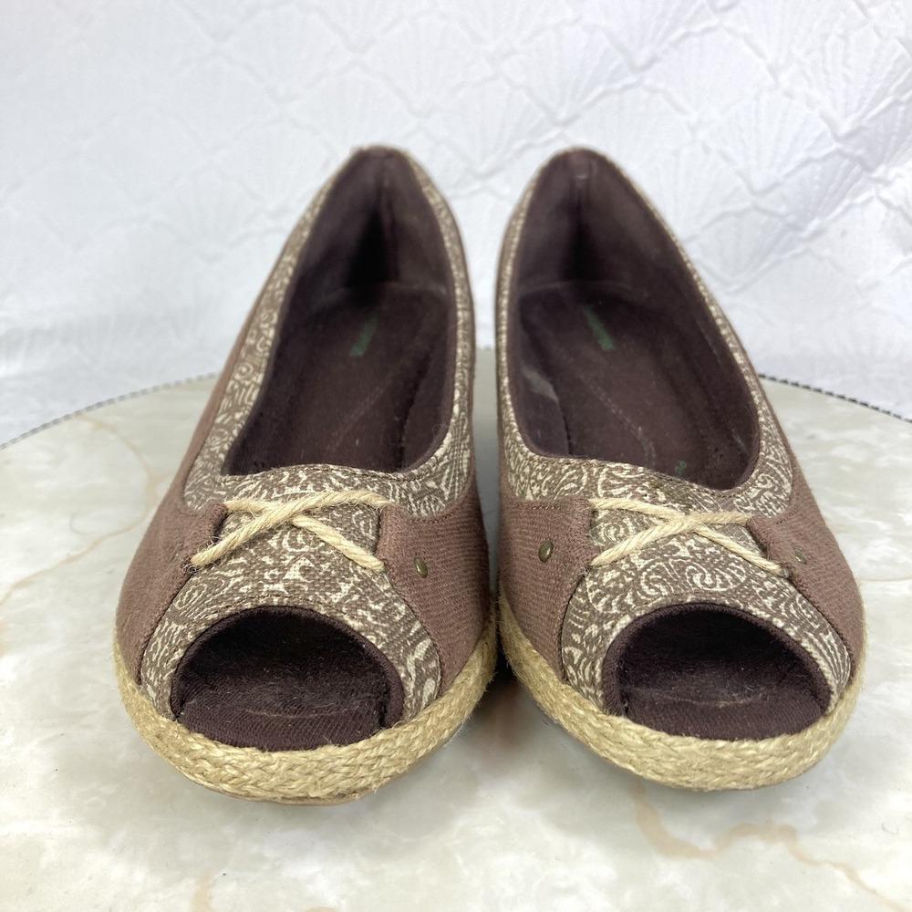 Grasshoppers Peep Toe Espadrille Wedge Shoes Women 8 Brown Comfort Slip On Heels - Picture 3 of 12